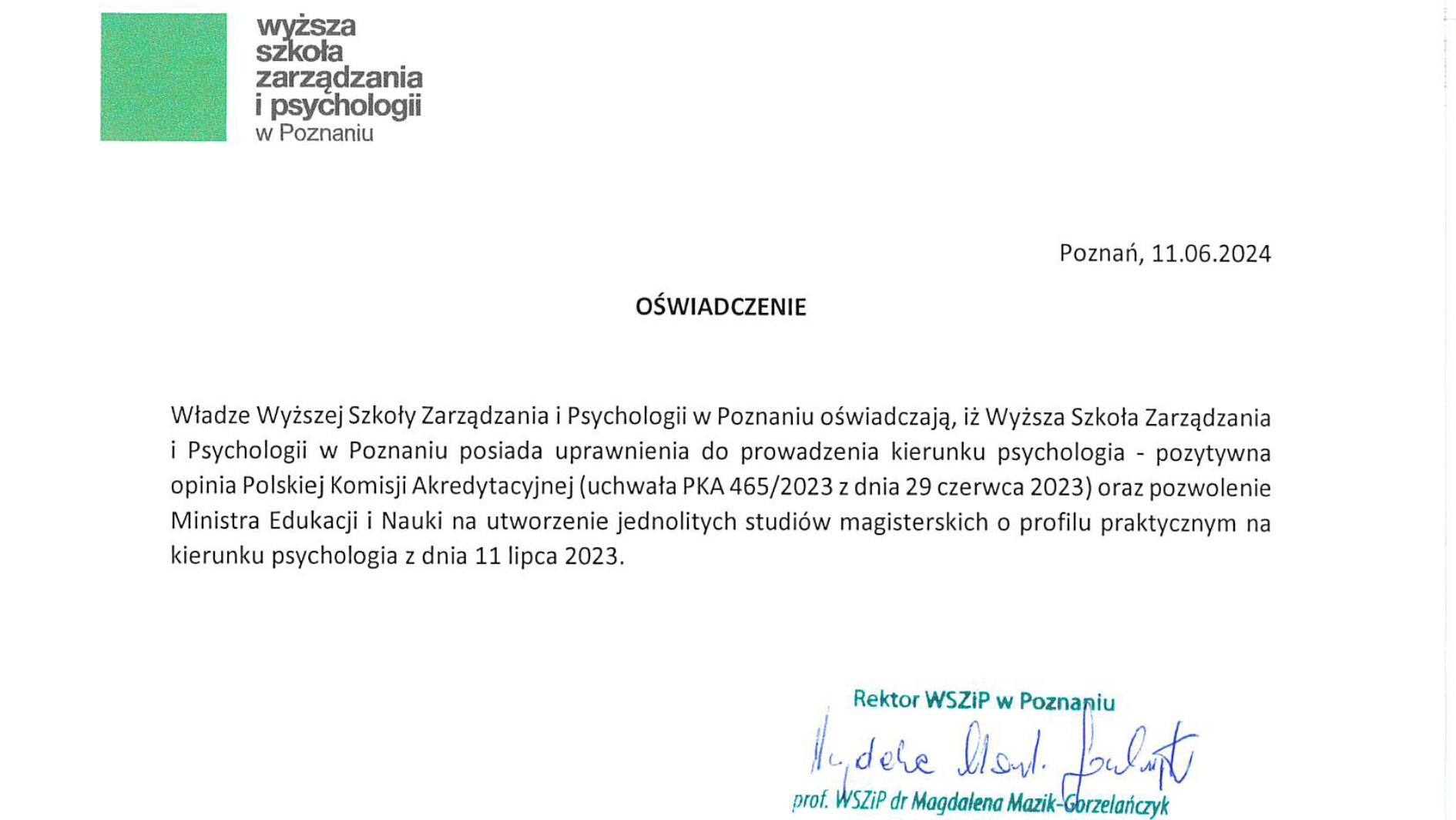 Oświadczenie - kierunek psychologia Oświadczenie - kierunek psychologia